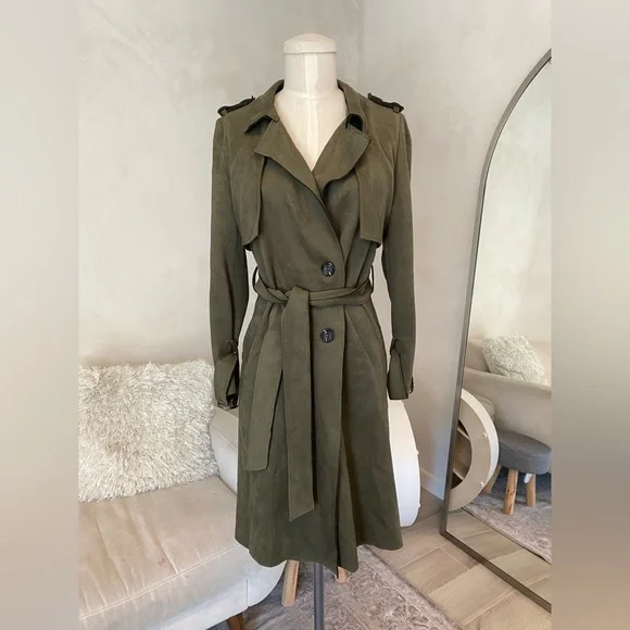 OLIVE GREEN SOFT FAUX SUEDE TRENCH COAT SIZE SMALL - Picture 3 of 13